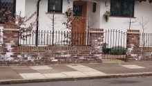 White stain on new brick wall caused by salt deposits (efflorescence)